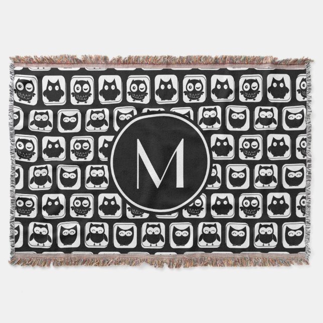 Black and White Owls Personalised Monogram Throw Blanket (Front)