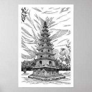 Black and White Pagoda Tower Line Art Sketch - Arc Poster