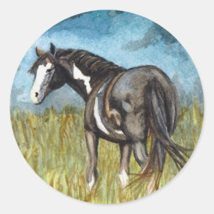 Black and White Paint Horse Watercolor Art Classic Round Sticker