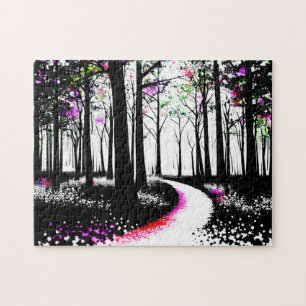 Black and White Paint with Pink Forest Path Jigsaw Puzzle