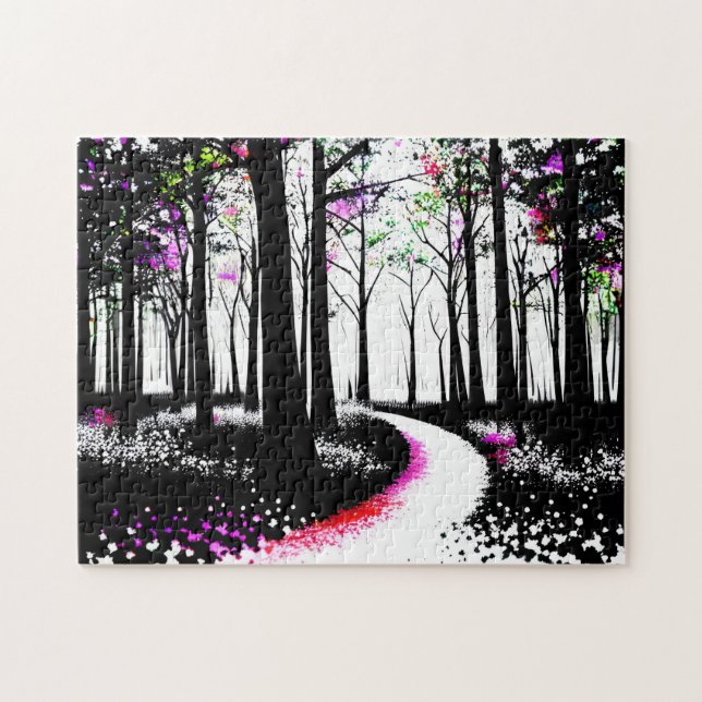 Black and White Paint with Pink Forest Path Jigsaw Puzzle (Horizontal)