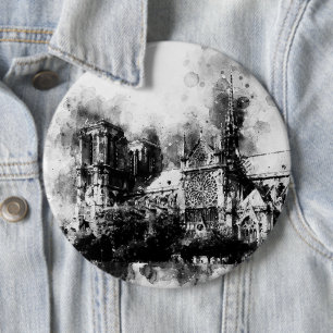 Black and White Painting of Notre Dame Cathedral 6 Cm Round Badge