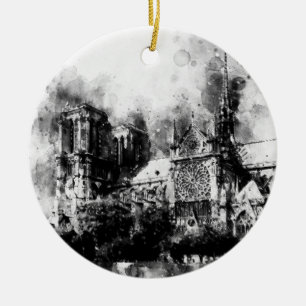 Black and White Painting of Notre Dame Cathedral Ceramic Ornament