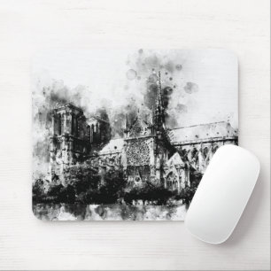 Black and White Painting of Notre Dame Cathedral Mouse Pad