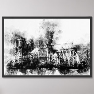 Black and White Painting of Notre Dame Cathedral Photo Print