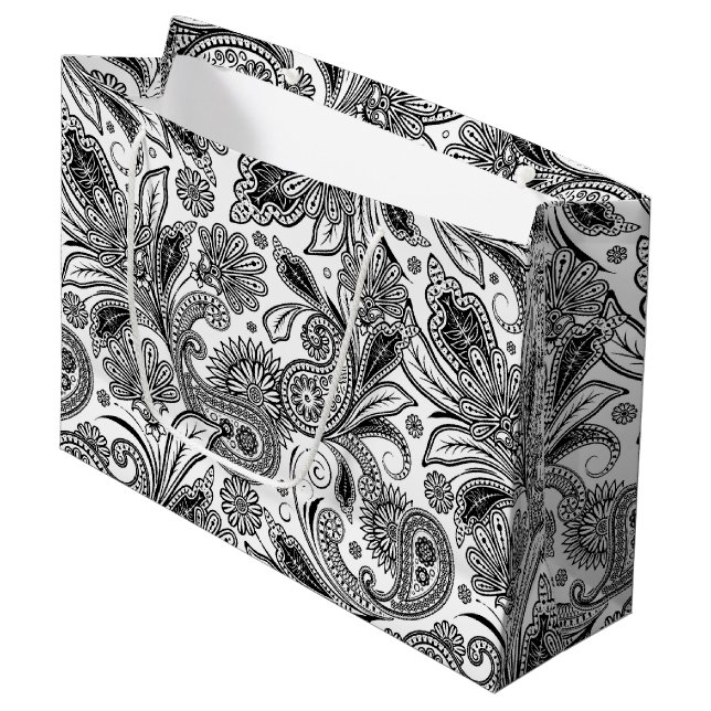 Black and white paislely  large gift bag (Front Angled)