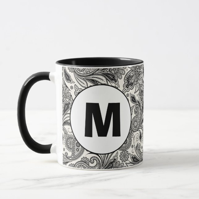 Black and white paislely monogram mug (Left)