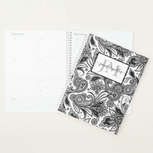 Black and white paislely personalised planner