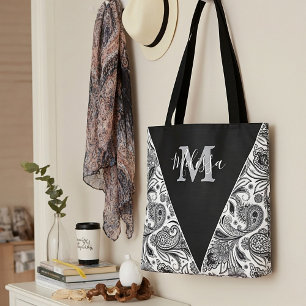 Black and white paislely personzalized tote bag