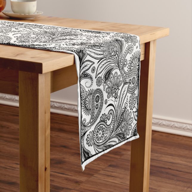 Black and white paislely short table runner (In Situ)