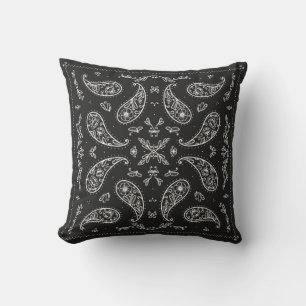 Black and White Paisley Bandana Ornament Print. Vi Cushion