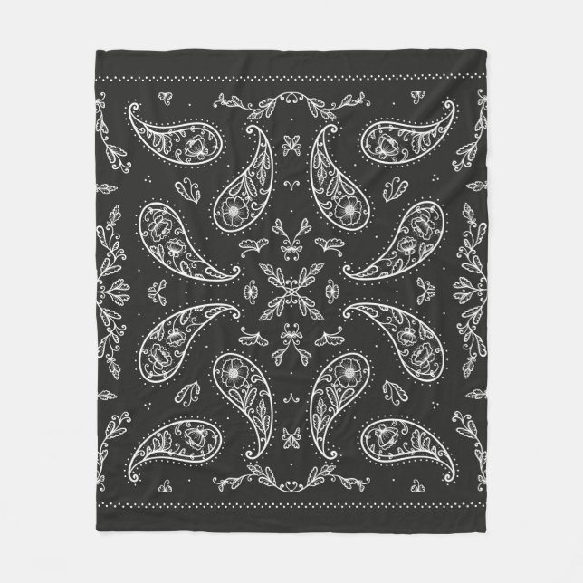 Black and White Paisley Bandana Ornament Print. Vi Fleece Blanket (Front)