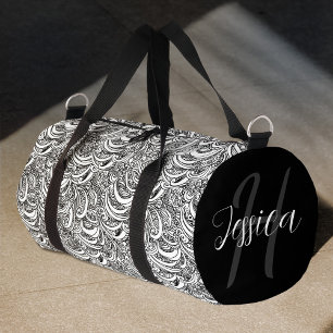 black and white paisley inked art custom name duffle bag