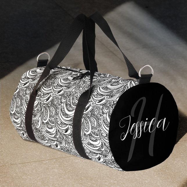 black and white paisley inked art custom name duffle bag (Creator Uploaded)