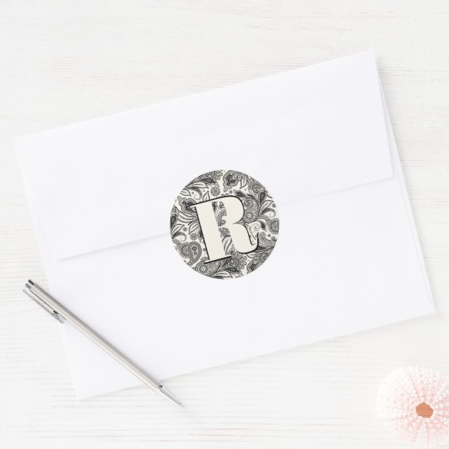Black and white paisley monogram classic round sticker (Envelope)