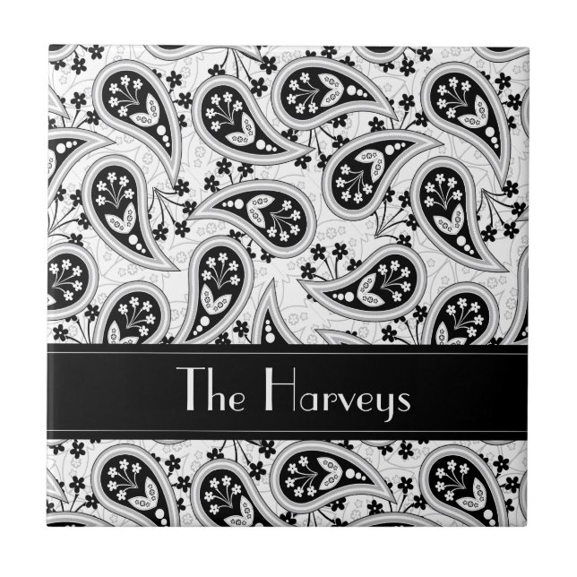 Black and White Paisley Pattern Ceramic Tile (Front)