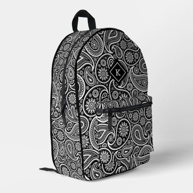 Black and white paisley pattern monogram printed backpack (Back Corner Left)