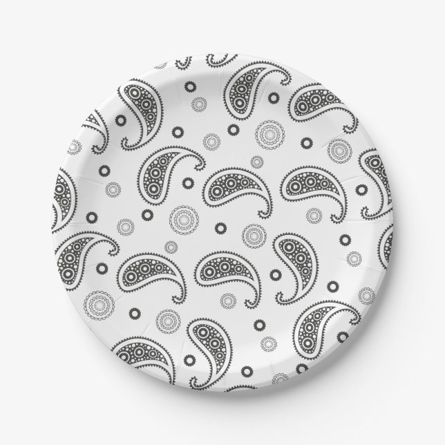 Black and White Paisley Pattern Paper Plate (Front)
