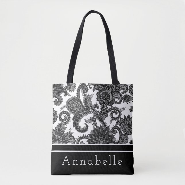 Black and White Paisley Personalize Tote Bag (Front)