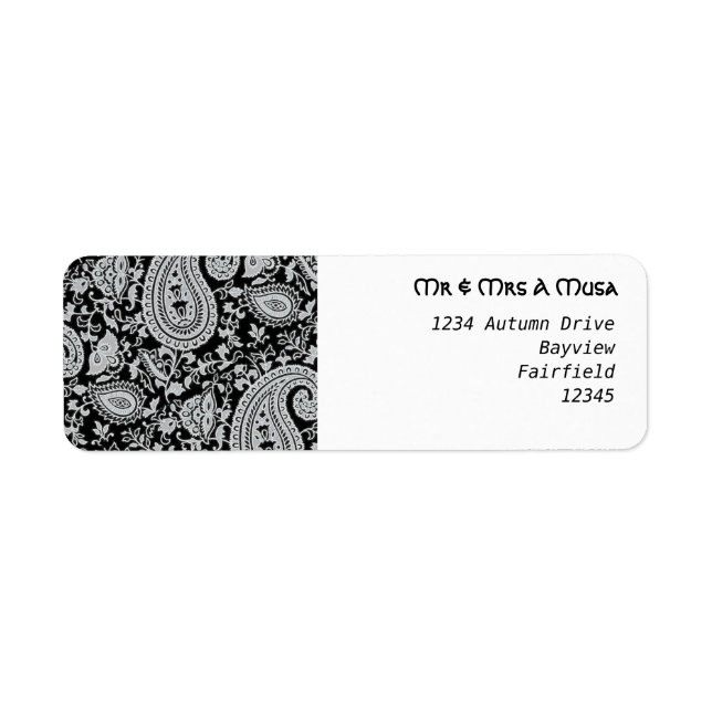 Black and white paisley return address label (Front)