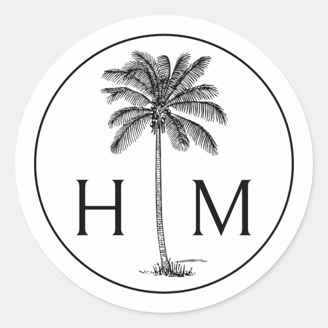 Black and White Palm Palmetto Tree Monogram Classic Round Sticker (Front)