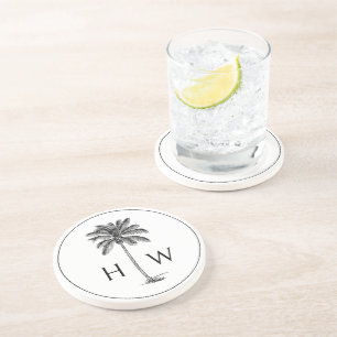 Black and White Palm Palmetto Tree Monogram Coaster
