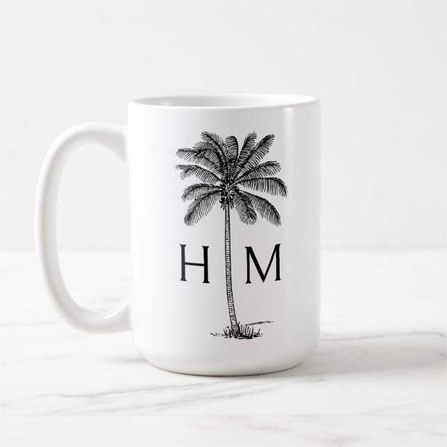 Black and White Palm Palmetto Tree Monogram Coffee Mug (Left)
