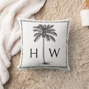 Black and White Palm Palmetto Tree Monogram Cushion