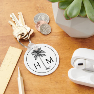 Black and White Palm Palmetto Tree Monogram Key Ring