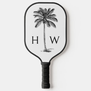 Black and White Palm Palmetto Tree Monogram Pickleball Paddle
