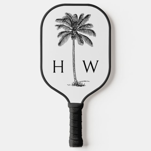 Black and White Palm Palmetto Tree Monogram Pickleball Paddle (Front)