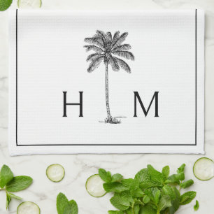 Black and White Palm Palmetto Tree Monogram Tea Towel