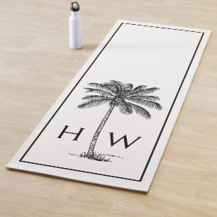 Black and White Palm Palmetto Tree Monogram Yoga Mat
