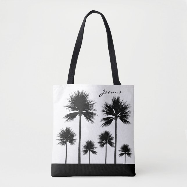 Black and White Palm Tree with Name Beach Tote Bag (Front)