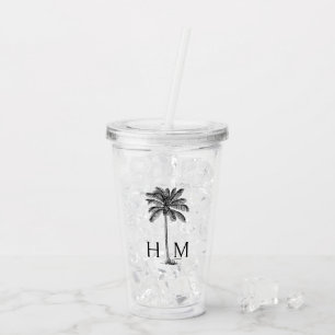 Black and White Palmetto Palm Tree Monogram Acrylic Tumbler