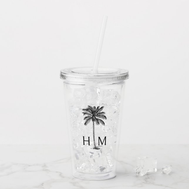 Black and White Palmetto Palm Tree Monogram Acrylic Tumbler (Back Ice)