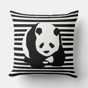 Black and White Panda and Stripes Cushion