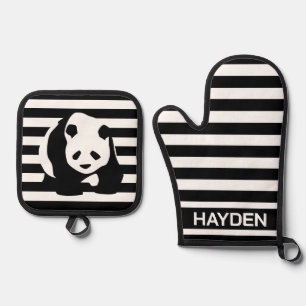 Black and White Panda and Stripes Personalised Oven Mitt & Pot Holder Set