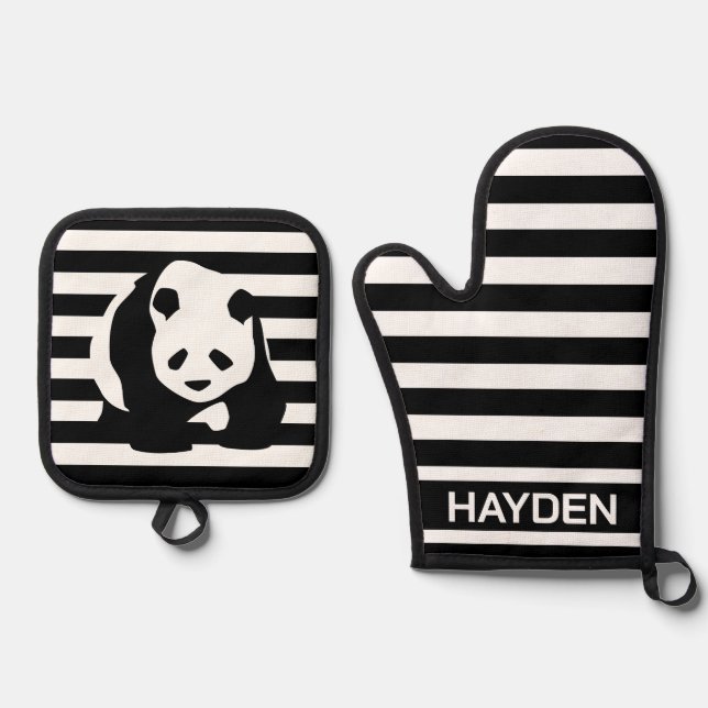 Black and White Panda and Stripes Personalised  Oven Mitt & Pot Holder Set (Front)