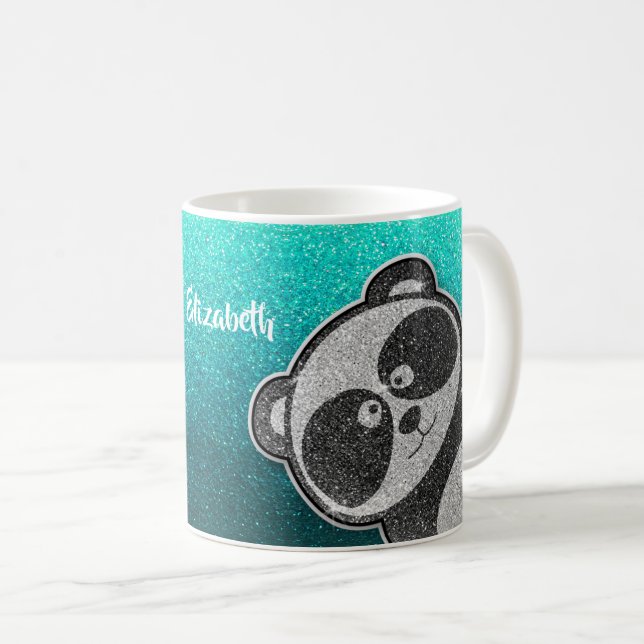 Black and White Panda Glitter Magic Sparkle Name Coffee Mug (Front Right)