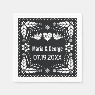 Black and white papel picado love birds wedding napkin