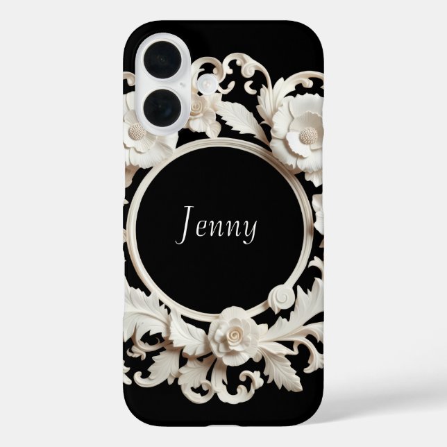 black and white paper flower frame Iphone 16 case (Back)