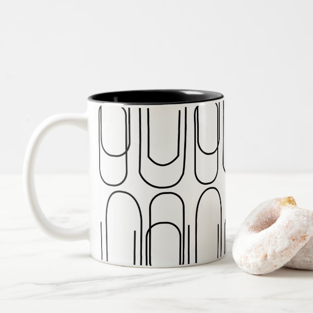 Black and White Paperclip Pattern Two-Tone Coffee Mug (With Donut)