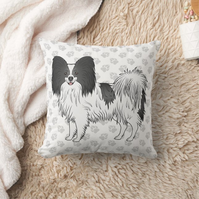 Black And White Papillon Cartoon Dog With Paws Cushion (Blanket)