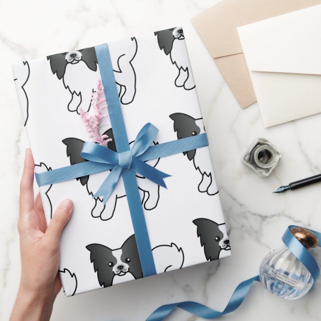 Black And White Papillon Cute Cartoon Dog Pattern Wrapping Paper (Gifting)
