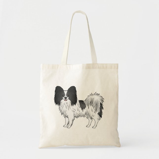 Black And White Papillon Cute Cartoon Dog Tote Bag (Front)