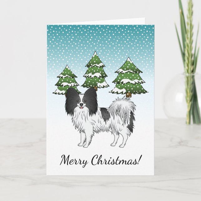 Black And White Papillon Cute Dog In Winter Forest Card (Front)