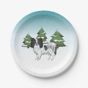 Black And White Papillon Cute Dog In Winter Forest Paper Plate