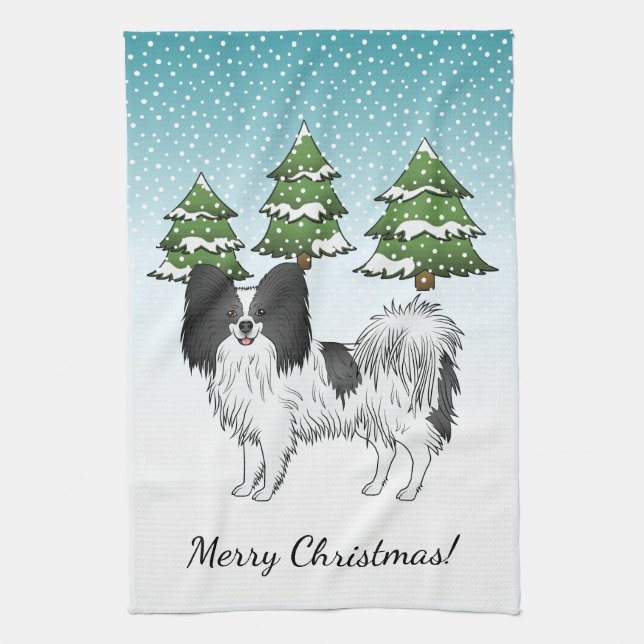 Black And White Papillon Cute Dog In Winter Forest Tea Towel (Vertical)
