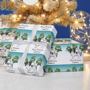 Black And White Papillon Cute Dog In Winter Forest Wrapping Paper